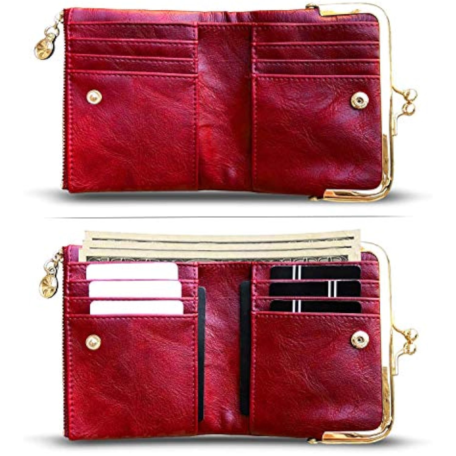CARTERA PARA MUJER PEQUEÑA RFID COMPACTA PLEGABLE DE PIEL VINTAGE CON CREMALLERA Y CIERRE DE BESO - 2