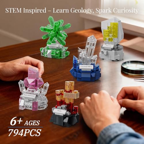 JUEGO DE BLOQUES DE CONSTRUCCIÓN DE EXHIBICIÓN MINERAL 794 PIEZAS PAQUETE DE 9 MODELOS DE PIEDRAS PRECIOSAS COLECCIÓN CRYSTAL - 4