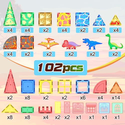 102 PIEZAS BLOQUES MAGNÉTICOS DE DINOSAURIOS CON 8 DINOSAURIOS ESCENAS JURÁSSICAS SET DE AVENTURAS DEL MUNDO DE DINOSAURIOS - 6