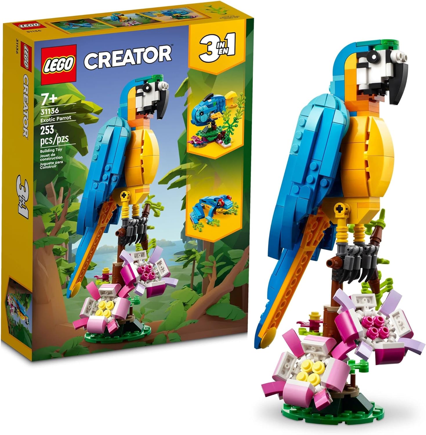 LEGO CREATOR 31136 - JUEGO DE JUGUETES DE CONSTRUCCIÓN DE LORO EXÓTICO 3 EN 1, SE TRANSFORMA EN 3 FIGURAS DE ANIMALES - 1