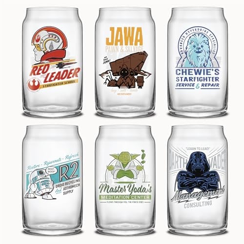 JOYJOLT STAR WARS COLECCIÓN RETRO VINTAGE 169 OZ VASOS DE VIDRIO CON DARTH VADER R2D2 YODA CHEWBACCA ROJO LEADER JAWA VAJILLA - 1
