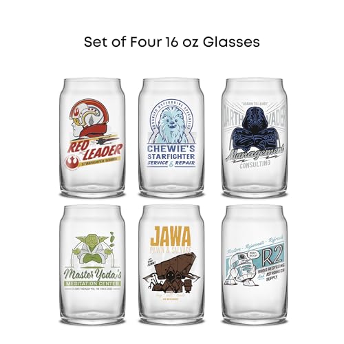 JOYJOLT STAR WARS COLECCIÓN RETRO VINTAGE 169 OZ VASOS DE VIDRIO CON DARTH VADER R2D2 YODA CHEWBACCA ROJO LEADER JAWA VAJILLA - 4
