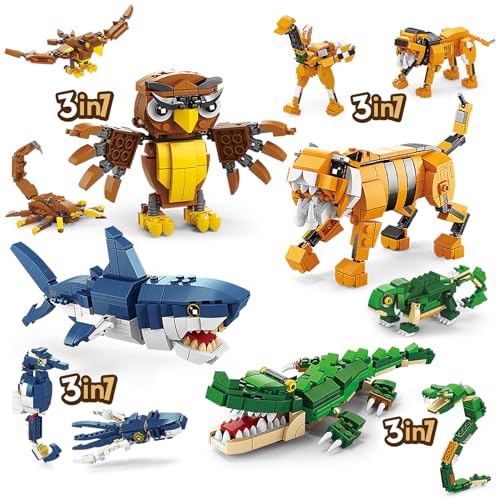 HIGH GODO CREATOR JUEGO DE CONSTRUCCIÓN DE ANIMALES 3 EN 1 BÚHO TIBURÓN COCODRILO TIGRE A ANIMAL REGALOS COLECCIONABLES - 1