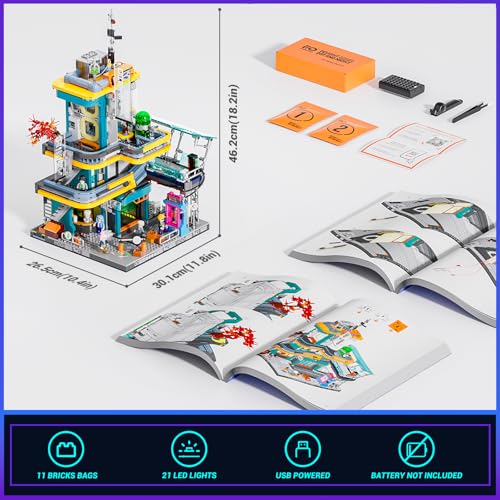 FUNWHOLE CYBERPUNK MANSION LIGHTING JUEGO DE LADRILLOS DE CONSTRUCCIÓN 2524 PIEZAS DE EDIFICIOS MODULARES DE CIUDAD FUTURA IDEA - 6