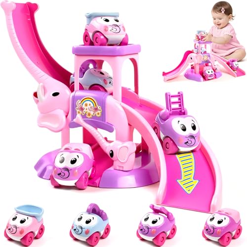 JUGUETES PARA NIÑAS DE 1 A 2 AÑOS JUGUETE DE RAMPA DE COCHE DE ELEFANTE REGALOS DE PRIMER CUMPLEAÑOS PARA NIÑAS CON 4 MINI AUTOS - 1
