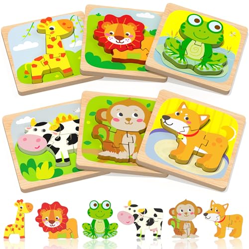 BENRESIVE ROMPECABEZAS DE MADERA PARA NIÑOS PEQUEÑOS 6 PIEZAS DE JUGUETES MONTESSORI DE ANIMALES PARA NIÑOS DE 1 A 3 AÑOS - 1