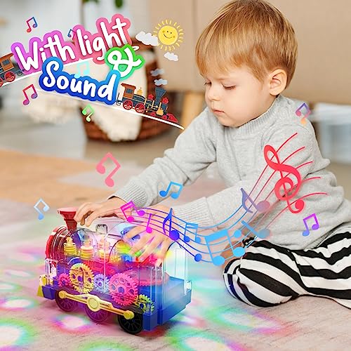KIZEEFUN TREN DE JUGUETE CON LUZ PARA NIÑOS PEQUEÑOS COCHE DE JUGUETE CON ENGRANAJES TRANSPARENTES PARA NIÑOS CON LUZ GENIAL - 4