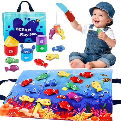 JUGUETES MONTESSORI PARA NIÑOS DE 1 A 2 AÑOS JUEGO DE PESCA EN EL OCÉANO DE TELA CON TAZAS APILABLES JUGUETE DE APRENDIZAJE - 1