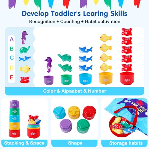 JUGUETES MONTESSORI PARA NIÑOS DE 1 A 2 AÑOS JUEGO DE PESCA EN EL OCÉANO DE TELA CON TAZAS APILABLES JUGUETE DE APRENDIZAJE - 2