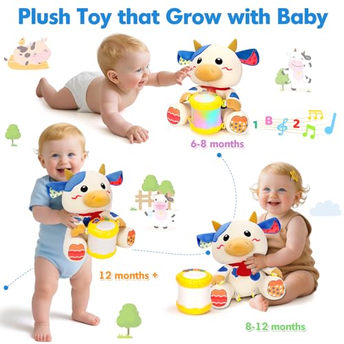 VOPITOS JUGUETES MUSICALES DE VACA DE PELUCHE PARA BEBÉS DE 6 A 12 MESES TAMBOR DE MÚSICA ILUMINADO DE APRENDIZAJE TEMPRANO - 4
