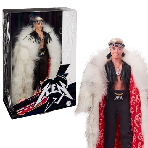 MUÑECA COLECCIONABLE DE KEN DE LA PELÍCULA BARBIE CON GRAN ABRIGO DE PELO SINTÉTICO Y CHALECO DE FLECOS NEGRO CON BANDANA - 1