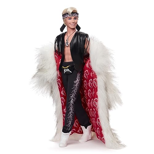 MUÑECA COLECCIONABLE DE KEN DE LA PELÍCULA BARBIE CON GRAN ABRIGO DE PELO SINTÉTICO Y CHALECO DE FLECOS NEGRO CON BANDANA - 4