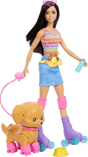 BARBIE PETS SKATE AND RUN MUÑECA MORENA CON CACHORRO DE PATINAJE CORREA PATINES LENTES DE SOL Y ACCESORIOS PARA MASCOTAS - 1