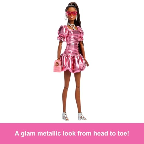 BARBIE MUÑECA DE ESTILO DE LUJO 6 EN VESTIDO ROSA CORAL METÁLICO CON DOBLADILLO DE BURBUJAS PELO NEGRO EN COLA DE CABALLO - 3