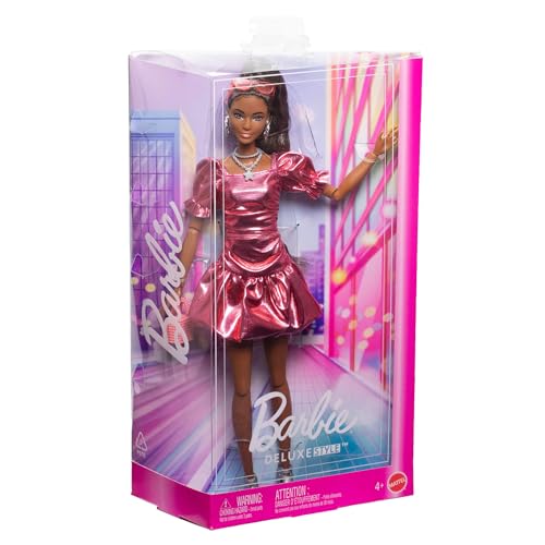 BARBIE MUÑECA DE ESTILO DE LUJO 6 EN VESTIDO ROSA CORAL METÁLICO CON DOBLADILLO DE BURBUJAS PELO NEGRO EN COLA DE CABALLO - 5
