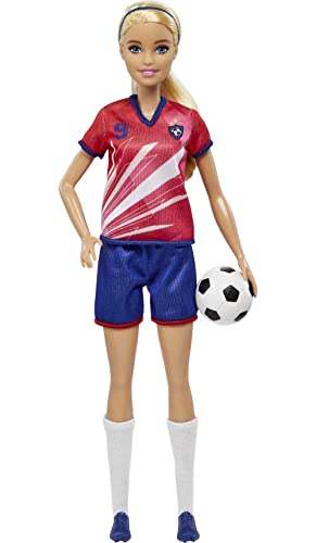MUÑECA DE MODA DE BARBIE CAREERS Y ACCESORIO JUGADORA DE FÚTBOL CON COLA DE CABALLO RUBIA UNIFORME 9 CALCETINES ALTOS TACOS - 1