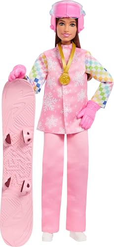 BARBIE CAREERS MUÑECA SNOWBOARDER CON CHAQUETA DE NIEVE ROSA PANTALONES Y BOTAS CON MÁS DE 10 ACCESORIOS INCLUYENDO SNOWBOARD - 1