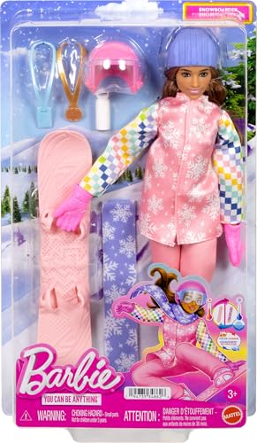 BARBIE CAREERS MUÑECA SNOWBOARDER CON CHAQUETA DE NIEVE ROSA PANTALONES Y BOTAS CON MÁS DE 10 ACCESORIOS INCLUYENDO SNOWBOARD - 6