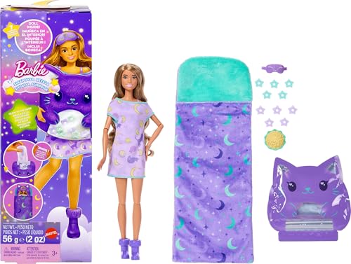 BARBIE MUÑECA Y ACCESORIOS SIN CAJA SERIE DE FIESTA DE PIJAMAS CON 7 SORPRESAS INCLUYENDO MUÑECA DE PIJAMA MORADA QUE BRILLA - 1