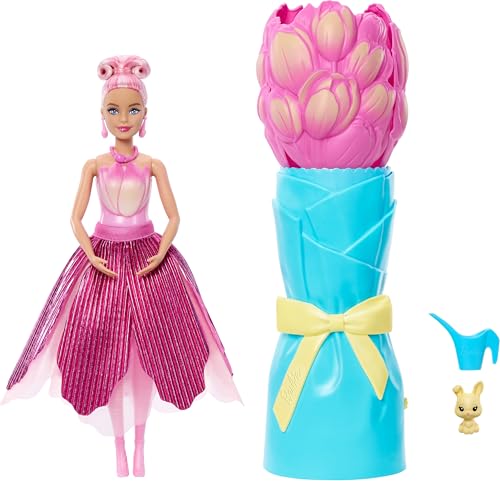 MUÑECA BARBIE PETAL POP CON VESTIDO DE TULIPÁN ROSA Y ACCESORIOS REVELACIÓN DE RAMO CON CONEJITO MASCOTA Y SORPRESAS COMO - 1