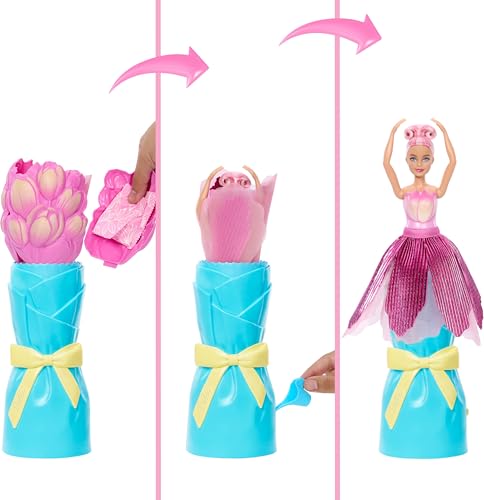 MUÑECA BARBIE PETAL POP CON VESTIDO DE TULIPÁN ROSA Y ACCESORIOS REVELACIÓN DE RAMO CON CONEJITO MASCOTA Y SORPRESAS COMO - 3