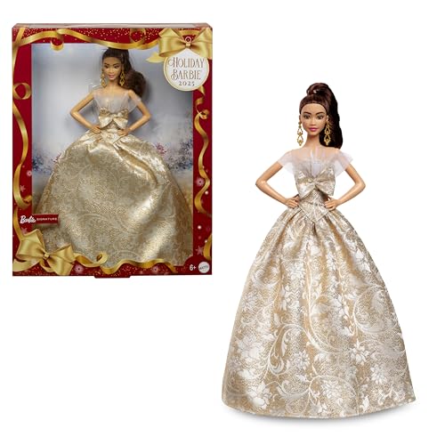 BARBIE SIGNATURE 2025 MUÑECA DE MODA DE CABELLO CASTAÑO CLARO FESTIVO CON VESTIDO PLATEADO Y DORADO COLECCIONABLE DE TEMPORADA - 1
