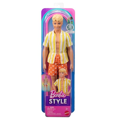 BARBIE FASHIONISTAS STYLE KEN DOLL 252 CON PELO RUBIO CON PANTALONES CORTOS DE LUNARES NARANJAS Y AMARILLOS CON CAMISA DE RAYAS - 6