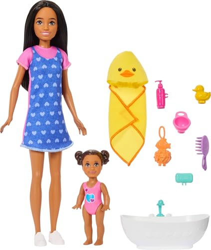 BARBIE SKIPPER BABYSITTERS INC SET DE JUEGO CON MUÑECA MORENA MUÑECA INFANTIL MORENA BAÑERA Y 6 ACCESORIOS INCLUYENDO UN PATO - 1