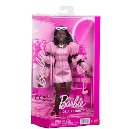 BARBIE MUÑECA DE ESTILO DE LUJO 14 EN MINI VESTIDO BARBIECORE ROSA METÁLICO CON MANGAS LARGAS ABULLONADAS Y LAZOS NEGROS CABELLO - 5