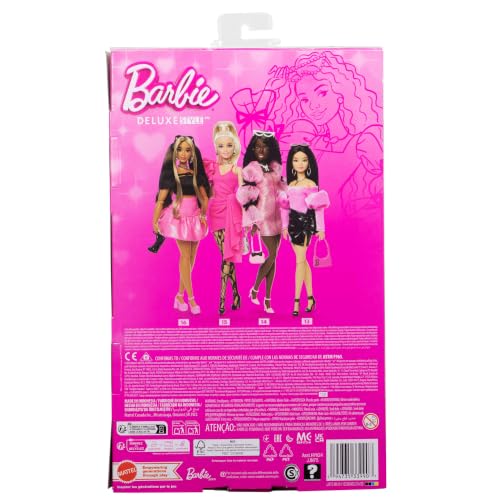 BARBIE MUÑECA DE ESTILO DE LUJO 14 EN MINI VESTIDO BARBIECORE ROSA METÁLICO CON MANGAS LARGAS ABULLONADAS Y LAZOS NEGROS CABELLO - 6