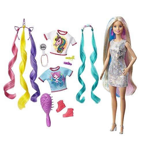 BARBIE MUÑECA Y ACCESORIOS DE PELO DE FANTASÍA CABELLO RUBIO LARGO Y COLORIDO CON ROPA INSPIRADA EN SIRENA Y UNICORNIO - 1
