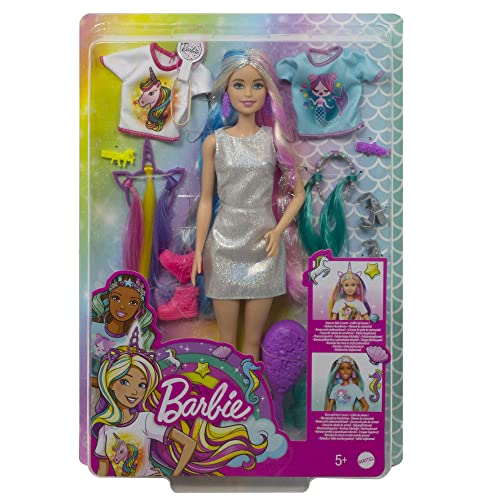 BARBIE MUÑECA Y ACCESORIOS DE PELO DE FANTASÍA CABELLO RUBIO LARGO Y COLORIDO CON ROPA INSPIRADA EN SIRENA Y UNICORNIO - 6