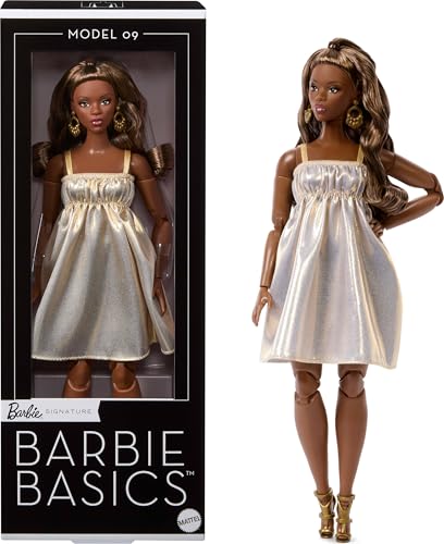 BARBIE BASICS MODEL COLLECTOR FASHION DOLL 09 CON PELO MORENO EN VESTIDO DORADO Y TACONES DE TIRAS MODA DE AJUSTE UNIVERSAL - 1