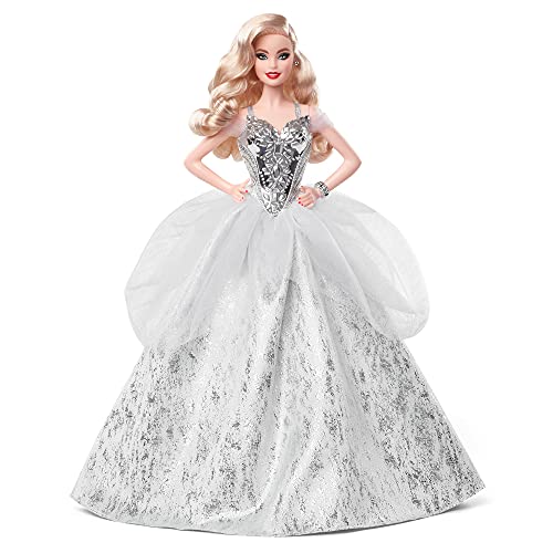 MUÑECA BARBIE SIGNATURE 2021 DE FESTIVIDADES 305 CM CABELLO RUBIO ONDULADO EN VESTIDO PLATEADO CON SOPORTE PARA MUÑECAS - 1