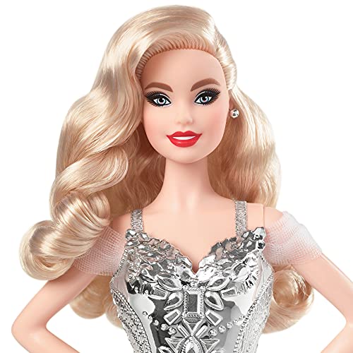 MUÑECA BARBIE SIGNATURE 2021 DE FESTIVIDADES 305 CM CABELLO RUBIO ONDULADO EN VESTIDO PLATEADO CON SOPORTE PARA MUÑECAS - 3
