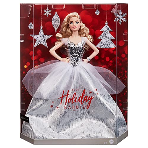MUÑECA BARBIE SIGNATURE 2021 DE FESTIVIDADES 305 CM CABELLO RUBIO ONDULADO EN VESTIDO PLATEADO CON SOPORTE PARA MUÑECAS - 6