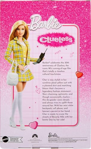 MUÑECA BARBIE SIGNATURE COLECCIÓN CLUELESS CHER EN TRAJE A CUADROS AMARILLO CON MOCHILA TELÉFONO CELULAR Y ACCESORIOS DE PERMISO - 6