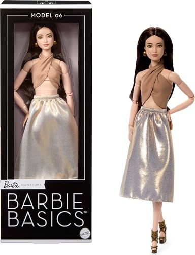 BARBIE BASICS MODEL COLLECTOR FASHION DOLL 06 CON CABELLO MORENO FALDA DORADA BRILLANTE Y HALTER MODA DE AJUSTE UNIVERSAL CUERPO - 1