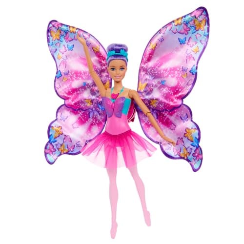 BARBIE MUÑECA DANCE AND FLUTTER CON TRANSFORMACIÓN 2 EN 1 DE BAILARINA A MARIPOSA CON ALAS DE APERTURA CABELLO MORADO TOCADO - 1