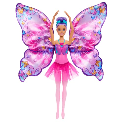BARBIE MUÑECA DANCE AND FLUTTER CON TRANSFORMACIÓN 2 EN 1 DE BAILARINA A MARIPOSA CON ALAS DE APERTURA CABELLO MORADO TOCADO - 2