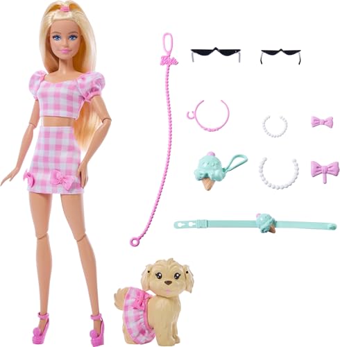 MUÑECA BARBIE TWINNING LOOKS CON PERRO MASCOTA EN ROPA ROSA A CUADROS DE GINGHAM COINCIDENTE Y ACCESORIOS PARA AMBOS COMO GAFAS - 1