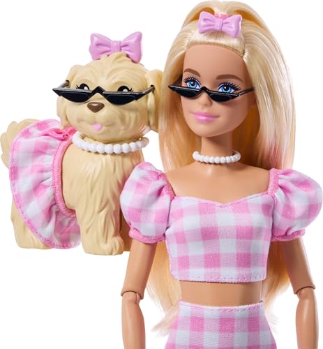 MUÑECA BARBIE TWINNING LOOKS CON PERRO MASCOTA EN ROPA ROSA A CUADROS DE GINGHAM COINCIDENTE Y ACCESORIOS PARA AMBOS COMO GAFAS - 3