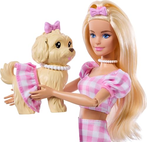MUÑECA BARBIE TWINNING LOOKS CON PERRO MASCOTA EN ROPA ROSA A CUADROS DE GINGHAM COINCIDENTE Y ACCESORIOS PARA AMBOS COMO GAFAS - 4