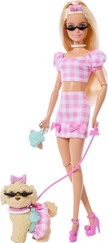 MUÑECA BARBIE TWINNING LOOKS CON PERRO MASCOTA EN ROPA ROSA A CUADROS DE GINGHAM COINCIDENTE Y ACCESORIOS PARA AMBOS COMO GAFAS - 5