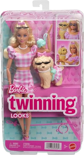 MUÑECA BARBIE TWINNING LOOKS CON PERRO MASCOTA EN ROPA ROSA A CUADROS DE GINGHAM COINCIDENTE Y ACCESORIOS PARA AMBOS COMO GAFAS - 6