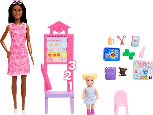 BARBIE CARRERAS MAESTRA SET DE JUEGO CON MUÑECA DE MODA CON VESTIDO REMOVIBLE MUÑEQUITA DE NIÑO PEQUEÑO PIZARRA DE AULA - 1