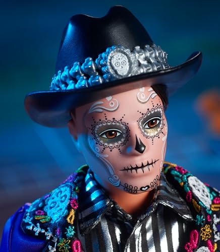 BARBIE SIGNATURE KEN FASHION MUÑECA 2023 DIA DE MUERTOS COLECCIONABLE CON CHAQUETA AZUL SOMBRERO NEGRO Y SOPORTE PARA MUÑECA - 2