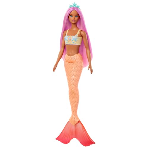 BARBIE MUÑECA DE SIRENA CON ACCESORIO DE PELO DE FANTASÍA ROSA Y DIADEMA JUGUETE CON CORPIÑO INSPIRADO EN ESTRELLAS DE MAR - 1