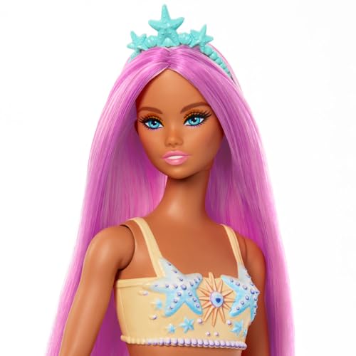 BARBIE MUÑECA DE SIRENA CON ACCESORIO DE PELO DE FANTASÍA ROSA Y DIADEMA JUGUETE CON CORPIÑO INSPIRADO EN ESTRELLAS DE MAR - 3