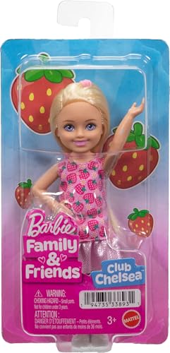 BARBIE CLUB CHELSEA MUÑECA PEQUEÑA 6 PULGADAS CON CABELLO RUBIO VISTIENDO VESTIDO EXTRAÍBLE CON ESTAMPADO DE FRESA Y ZAPATOS - 6